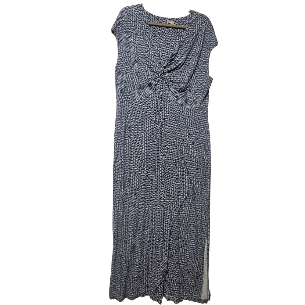 Chicos Blue White Geometric Twist Front Maxi Dress Side Slit Size 3 XL 16/18